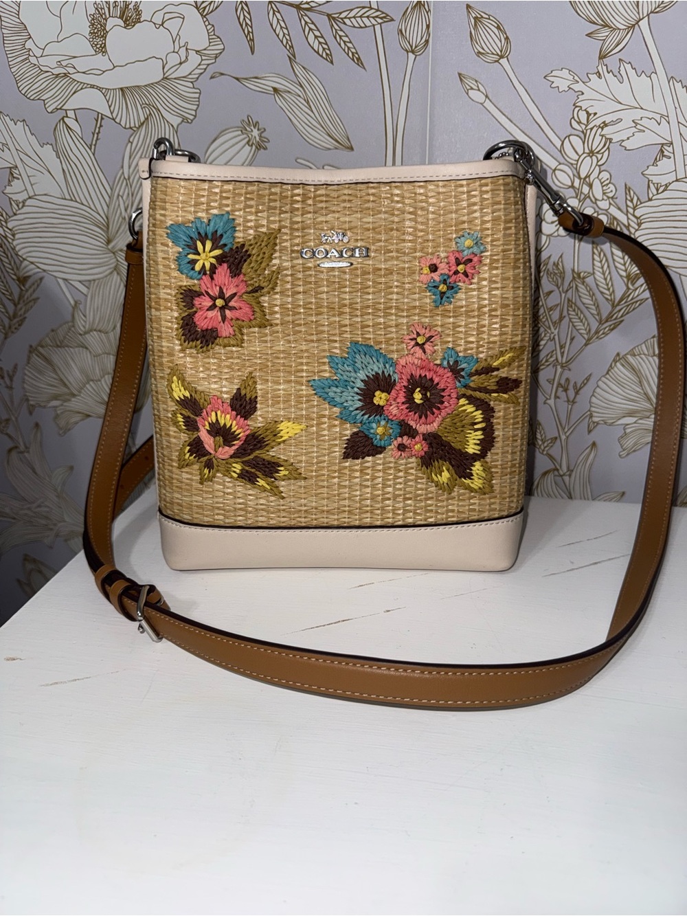 Coach Beige Straw Crossbody Bag with Multicolor Floral Embroidery